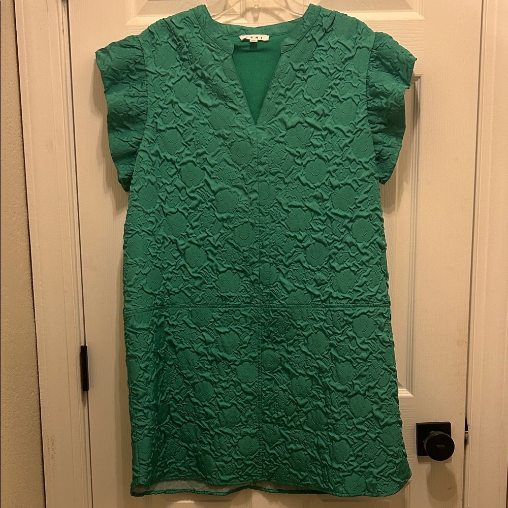 THML Green Textured Ruffle Cap Sleeve Dress